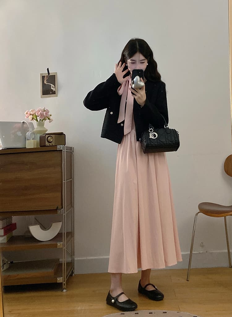 실사 빅 사이즈 여성 의류 한 부서 품격 다용도 작은 샤넬 스타일 재킷 증가 라운드 넥 긴팔 레이스업 점프 슈트 치마 세트 상세 이미지 4