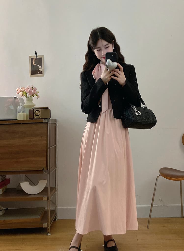 실사 빅 사이즈 여성 의류 한 부서 품격 다용도 작은 샤넬 스타일 재킷 증가 라운드 넥 긴팔 레이스업 점프 슈트 치마 세트 상세 이미지 11