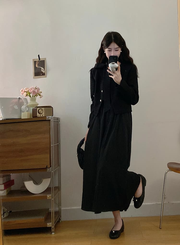 실사 빅 사이즈 여성 의류 한 부서 품격 다용도 작은 샤넬 스타일 재킷 증가 라운드 넥 긴팔 레이스업 점프 슈트 치마 세트 상세 이미지 17