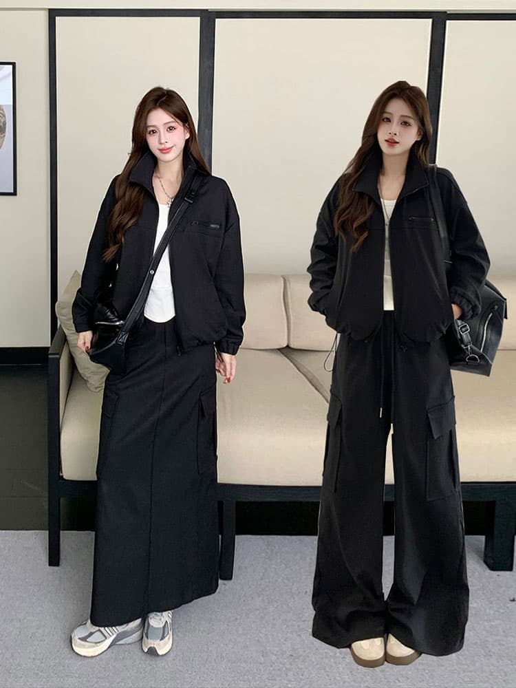 실사 빅 사이즈 여성 의류 아메리칸 재킷 스탠드 칼라 재킷 워크웨어 반신 스커트 슬림해 보이는 긴 바지 디자인 센스 세트 상세 이미지 1