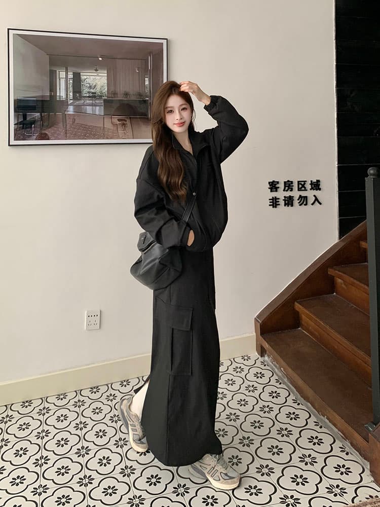 실사 빅 사이즈 여성 의류 아메리칸 재킷 스탠드 칼라 재킷 워크웨어 반신 스커트 슬림해 보이는 긴 바지 디자인 센스 세트 상세 이미지 9