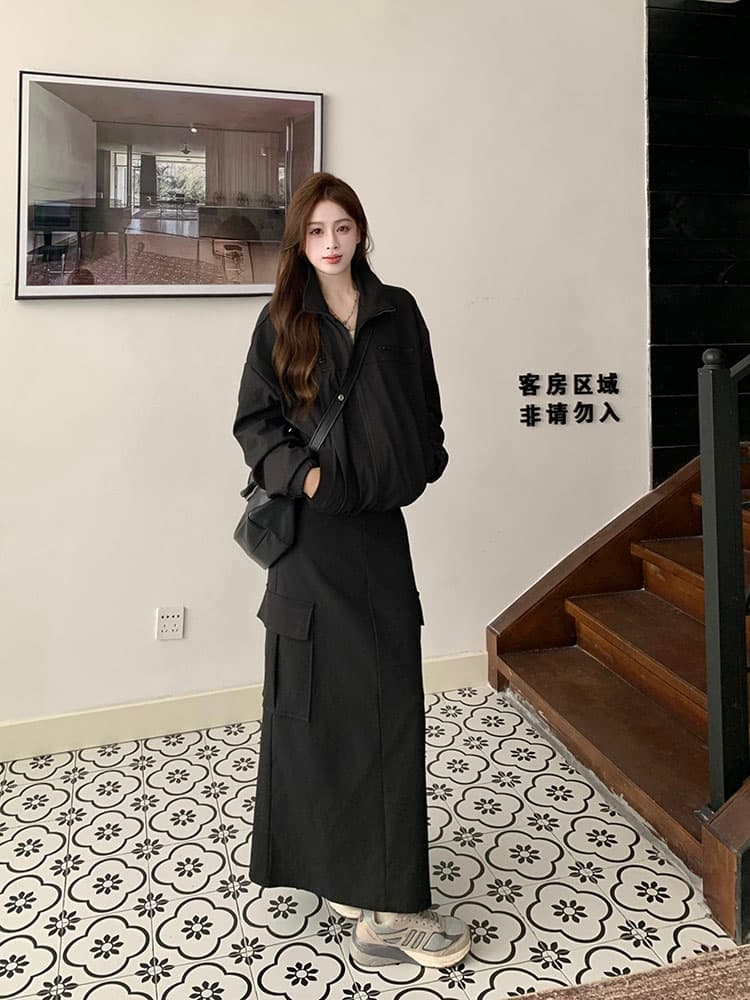 실사 빅 사이즈 여성 의류 아메리칸 재킷 스탠드 칼라 재킷 워크웨어 반신 스커트 슬림해 보이는 긴 바지 디자인 센스 세트 상세 이미지 12