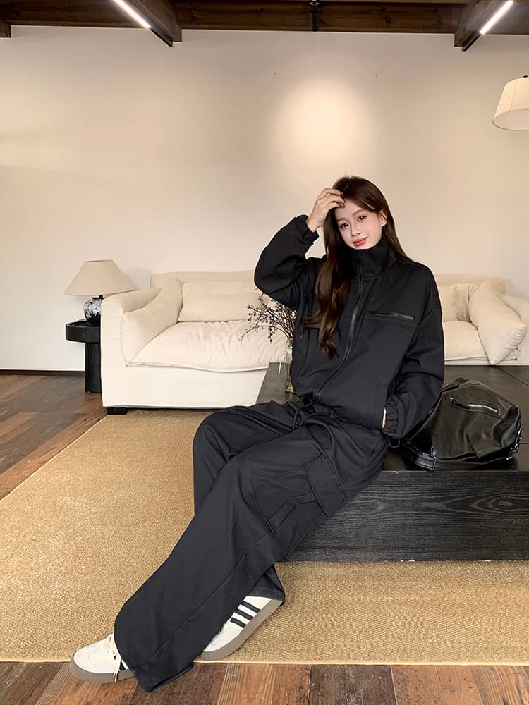 실사 빅 사이즈 여성 의류 아메리칸 재킷 스탠드 칼라 재킷 워크웨어 반신 스커트 슬림해 보이는 긴 바지 디자인 센스 세트 상세 이미지 17