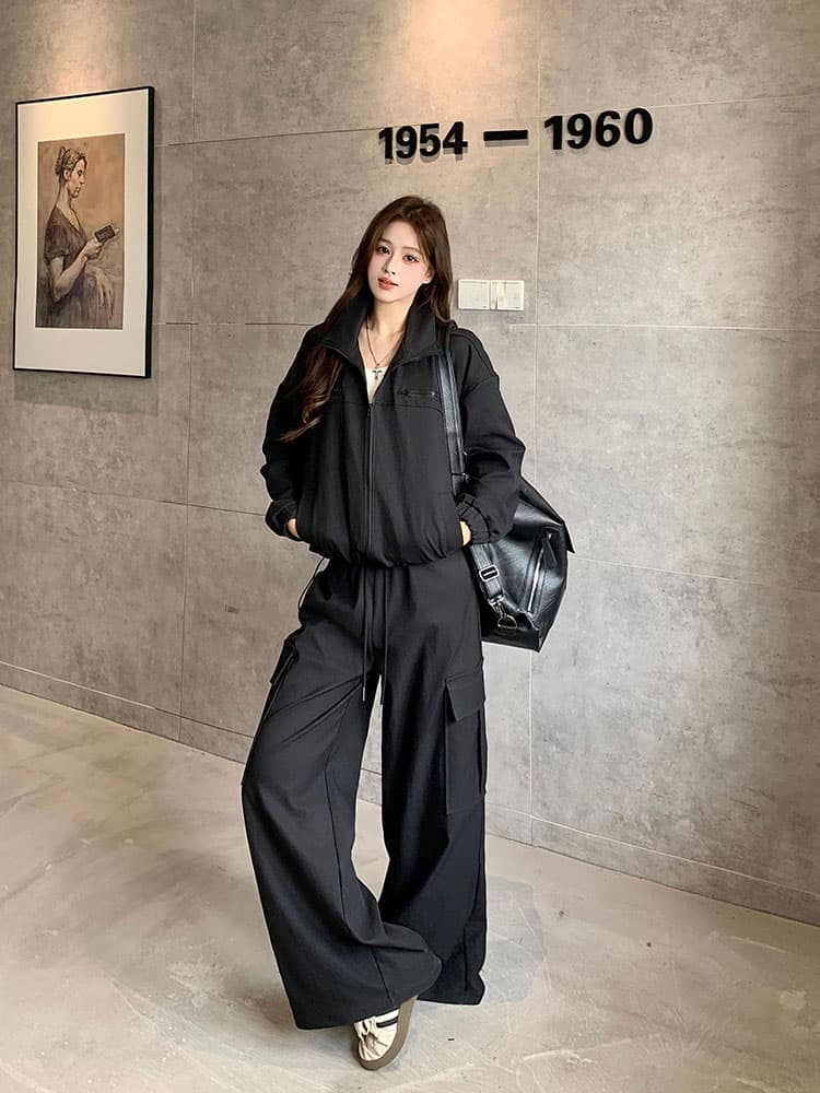 실사 빅 사이즈 여성 의류 아메리칸 재킷 스탠드 칼라 재킷 워크웨어 반신 스커트 슬림해 보이는 긴 바지 디자인 센스 세트 상세 이미지 28
