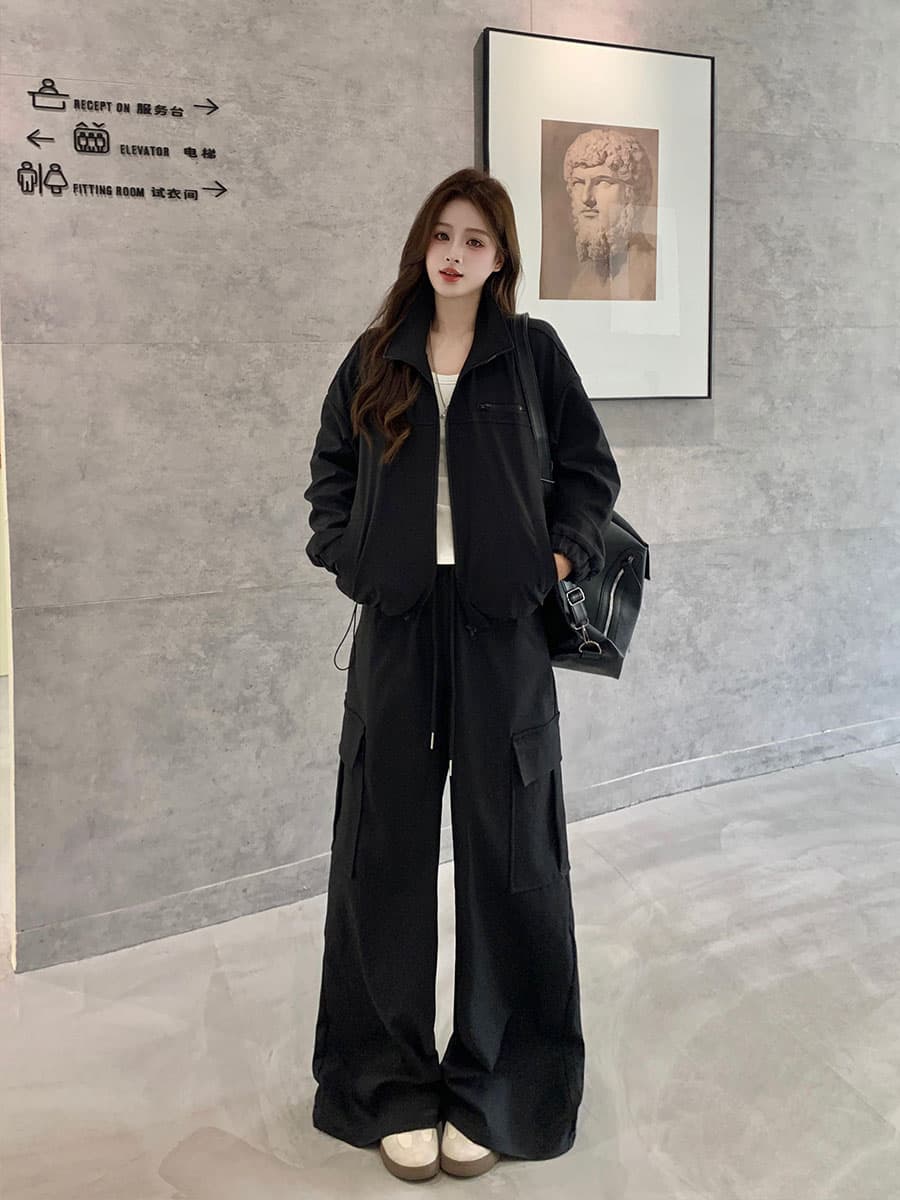 실사 빅 사이즈 여성 의류 아메리칸 재킷 스탠드 칼라 재킷 워크웨어 반신 스커트 슬림해 보이는 긴 바지 디자인 센스 세트