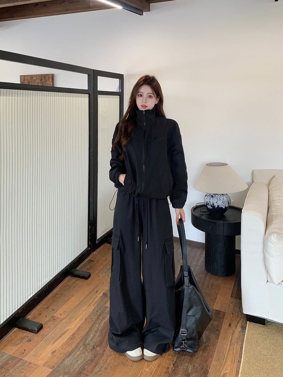실사 빅 사이즈 여성 의류 아메리칸 재킷 스탠드 칼라 재킷 워크웨어 반신 스커트 슬림해 보이는 긴 바지 디자인 센스 세트 이미지 3