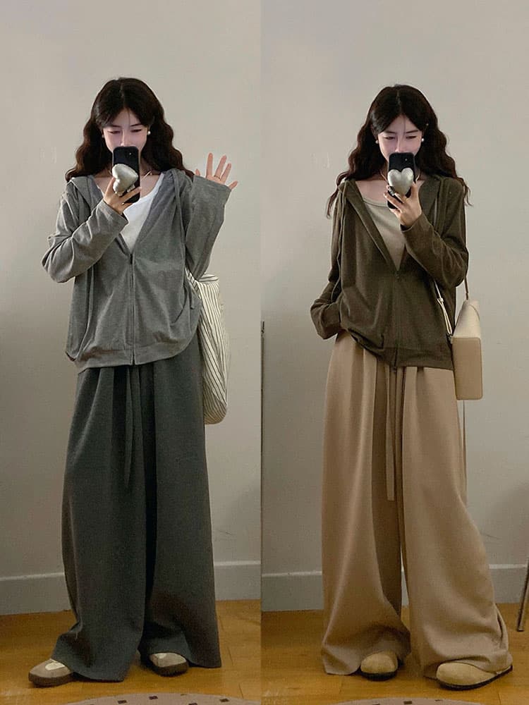 실사 빅 사이즈 여성 의류 느긋한 바람 페이크 레이어드 후드 여성 코트 펌프 로프 하이웨이스트 스트레이트 캐주얼 바지 세트 상세 이미지 1