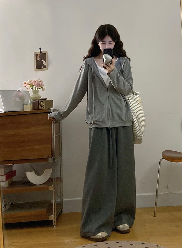 실사 빅 사이즈 여성 의류 느긋한 바람 페이크 레이어드 후드 여성 코트 펌프 로프 하이웨이스트 스트레이트 캐주얼 바지 세트 상세 이미지 5