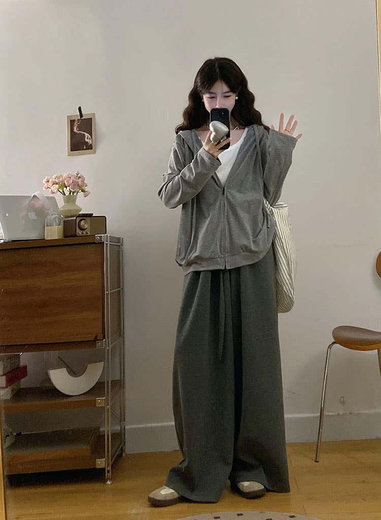 실사 빅 사이즈 여성 의류 느긋한 바람 페이크 레이어드 후드 여성 코트 펌프 로프 하이웨이스트 스트레이트 캐주얼 바지 세트 상세 이미지 8