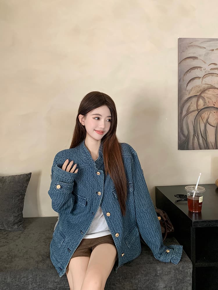 실사 빅 사이즈 여성 의류 고급 파란색 질감 센스 자카드 데님 재킷 커피 색상 타이트 스커트 스웨이드 원단 짧은 바지 상세 이미지 4