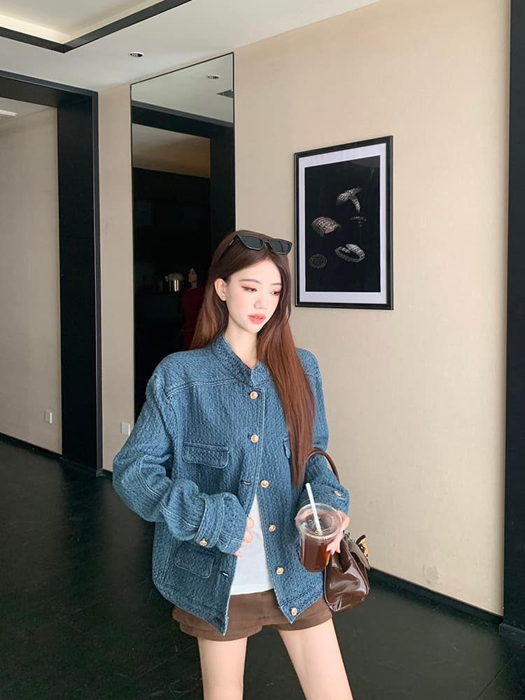 실사 빅 사이즈 여성 의류 고급 파란색 질감 센스 자카드 데님 재킷 커피 색상 타이트 스커트 스웨이드 원단 짧은 바지 상세 이미지 7
