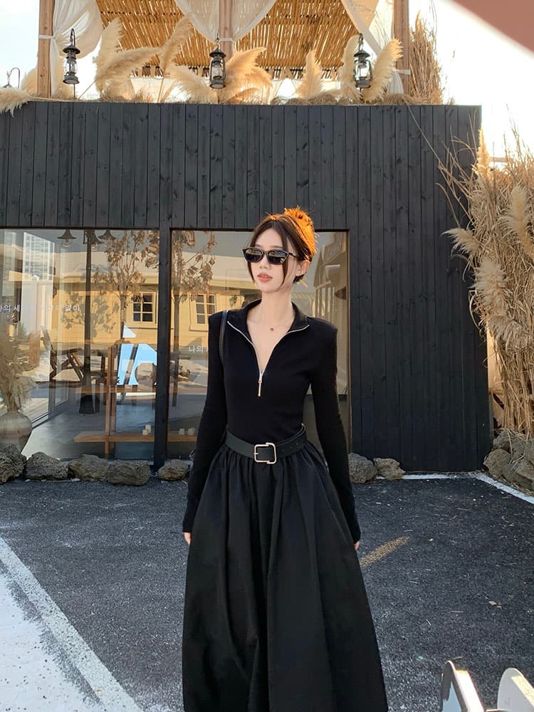 실사 빅 사이즈 여성 의류 가을 그는 벤 바람 검정색 품격 디자인 센스 패션 지퍼 허리 수축 슬림해 보이는 드레스 상세 이미지 10