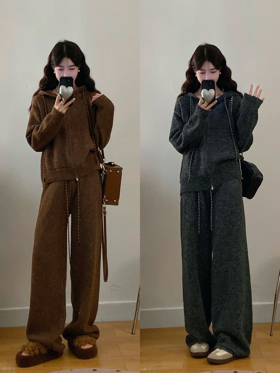 실사 빅 사이즈 여성 의류 가을 겨울 느긋한 바람 니트 루즈핏 패션 다용도 긴팔 캐주얼 바지 슬림해 보이는 투피스 세트