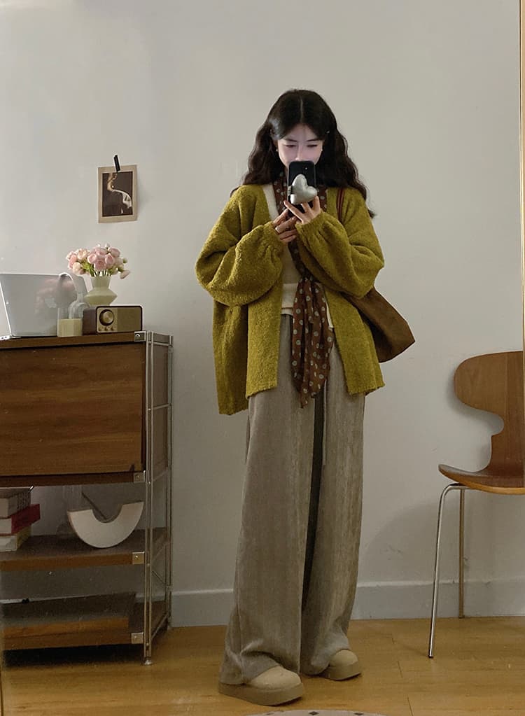 실사 빅 사이즈 여성 의류 느슨함 느긋한 센스 와이드 부드러운 찹쌀 녹색 스웨터 셰닐 두꺼운 다용도 와이드 레그 팬츠 상세 이미지 11