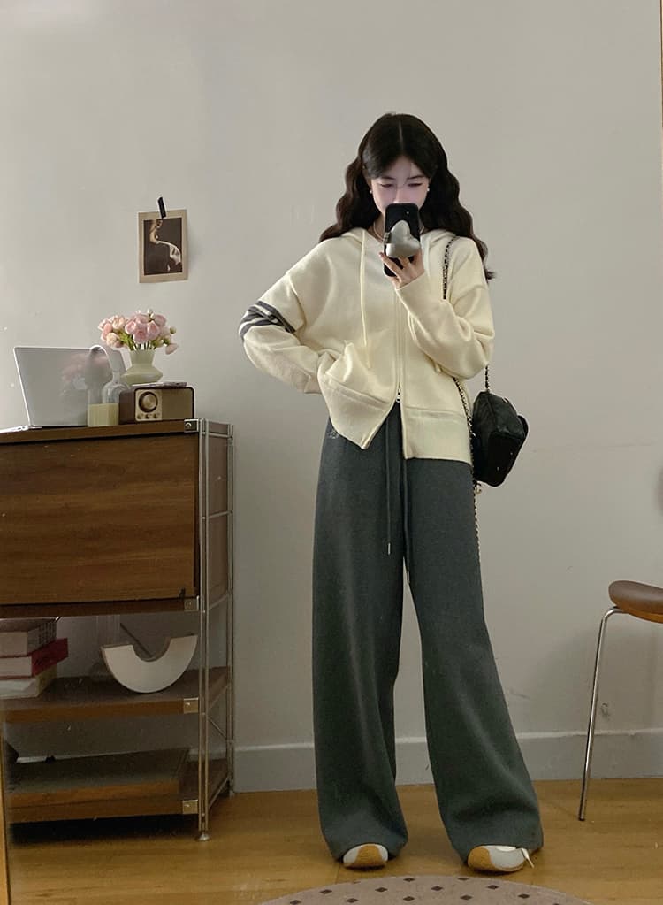 실사 빅 사이즈 여성 의류 슬림해 보이는 한 부서 후드 스웨터 니트 재킷 루즈핏 털이 있고 두꺼운 넓은 다리 웨이 바지 상세 이미지 7
