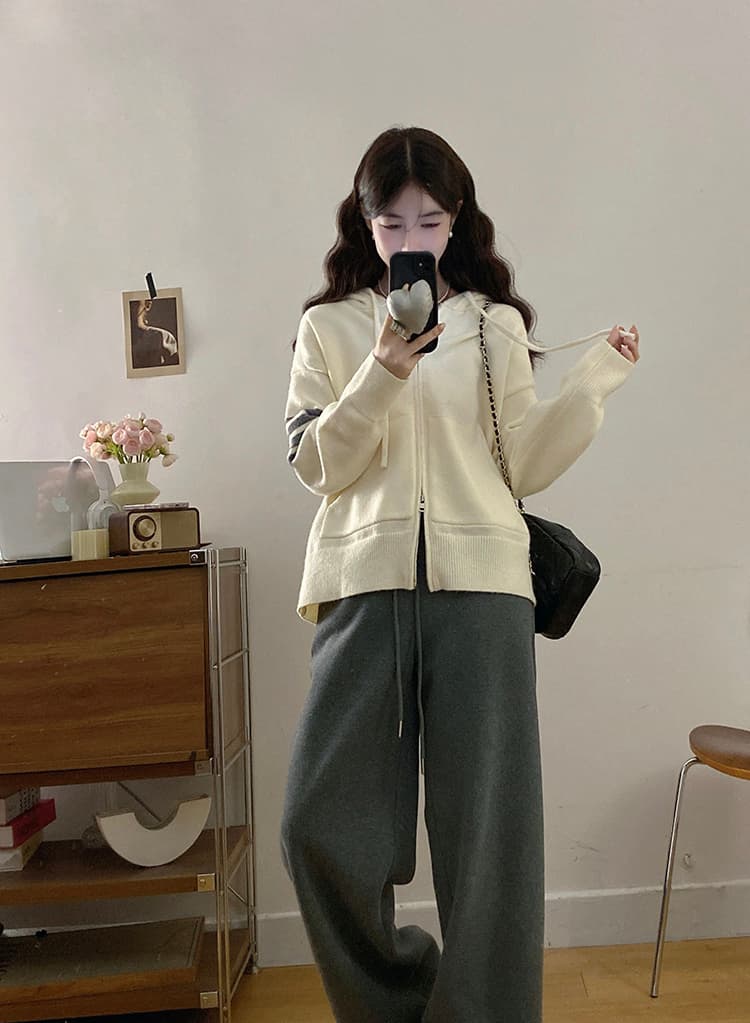 실사 빅 사이즈 여성 의류 슬림해 보이는 한 부서 후드 스웨터 니트 재킷 루즈핏 털이 있고 두꺼운 넓은 다리 웨이 바지 상세 이미지 12