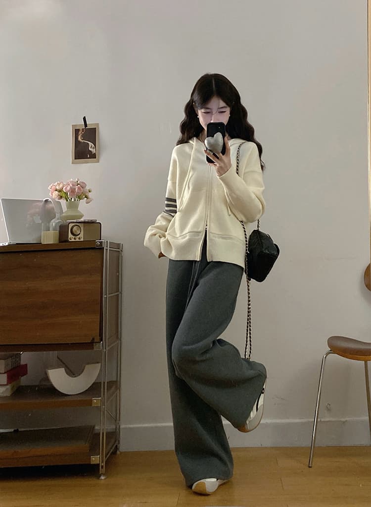 실사 빅 사이즈 여성 의류 슬림해 보이는 한 부서 후드 스웨터 니트 재킷 루즈핏 털이 있고 두꺼운 넓은 다리 웨이 바지 상세 이미지 16
