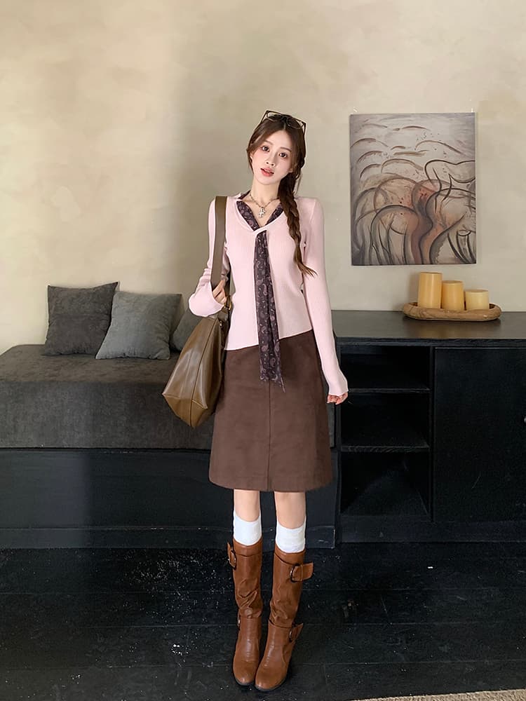 실사 빅 사이즈 여성 의류 한 부서 품격 느긋한 고급 디자인 센스 슬림해 보이는 핑크색 맨위 커피 색상 반신 치마 세트 상세 이미지 5