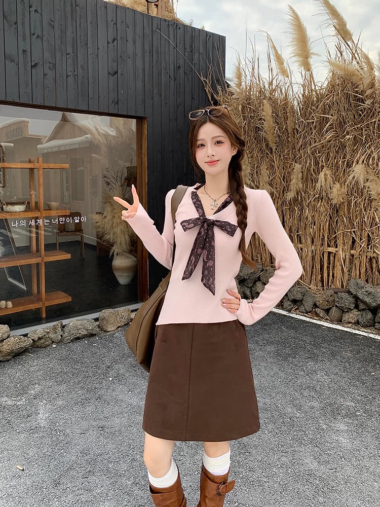 실사 빅 사이즈 여성 의류 한 부서 품격 느긋한 고급 디자인 센스 슬림해 보이는 핑크색 맨위 커피 색상 반신 치마 세트 상세 이미지 8