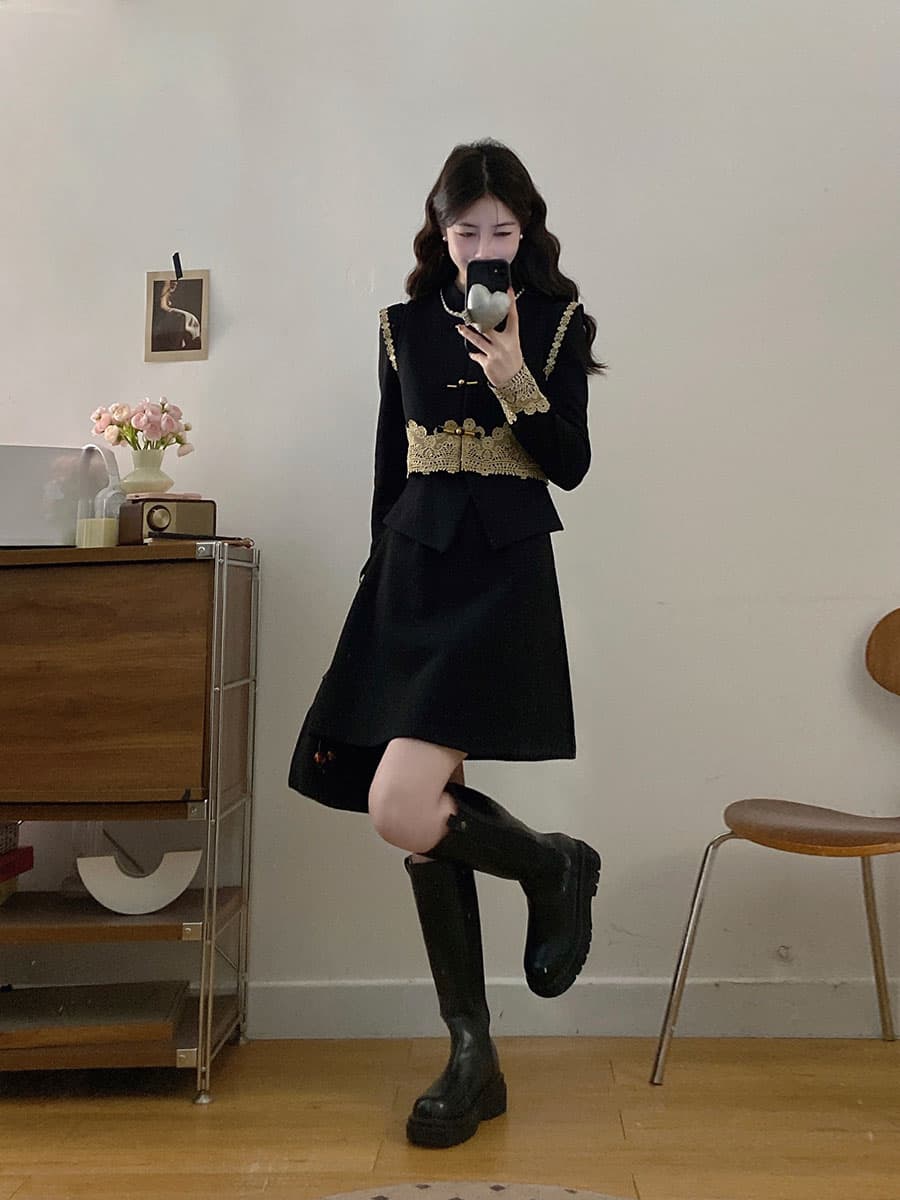 실사 m 하나 4xl 레이스 조각 허리 수축 새로운 중식 국풍 단추 조끼 드레스 레트로 투피스 세트 이미지 4