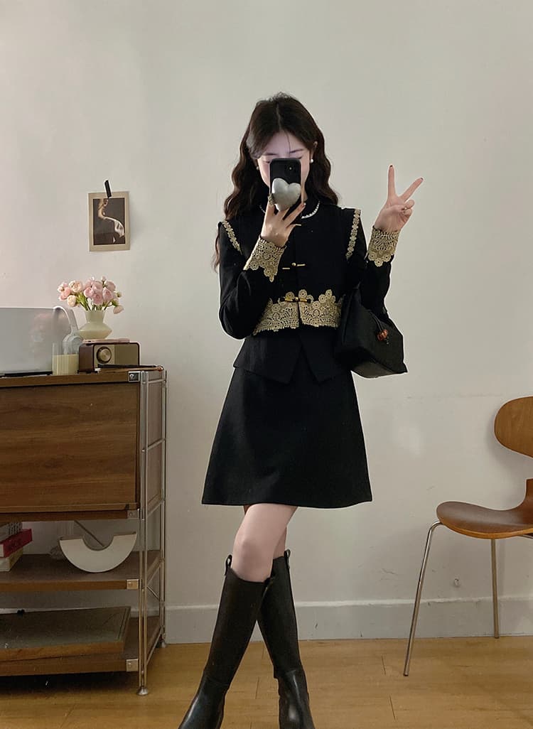 실사 m 하나 4xl 레이스 조각 허리 수축 새로운 중식 국풍 단추 조끼 드레스 레트로 투피스 세트 상세 이미지 25