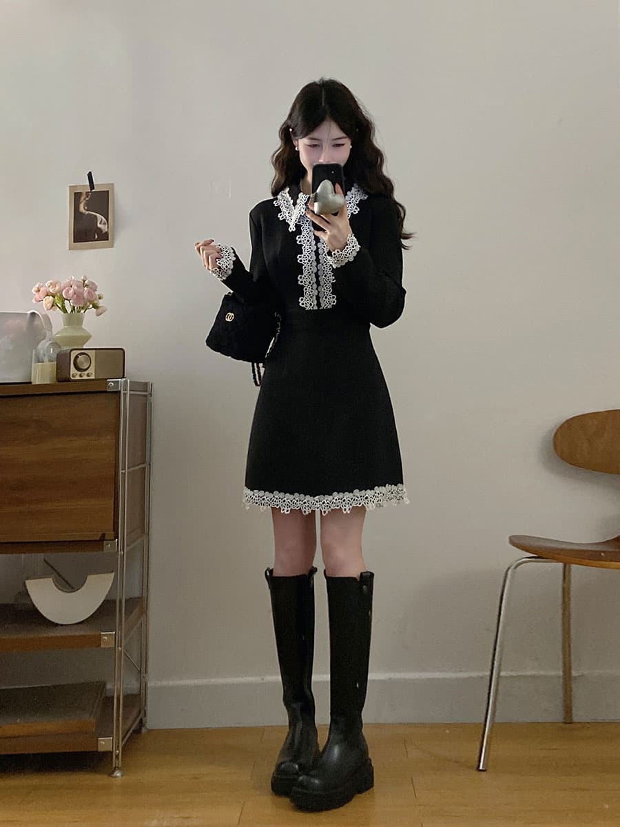 실사 m-4xl 2026 봄 레이스 조각 고급 센스 허리 수축 드레스 무거운 작업 품격 작은 검은 드레스 이미지 4