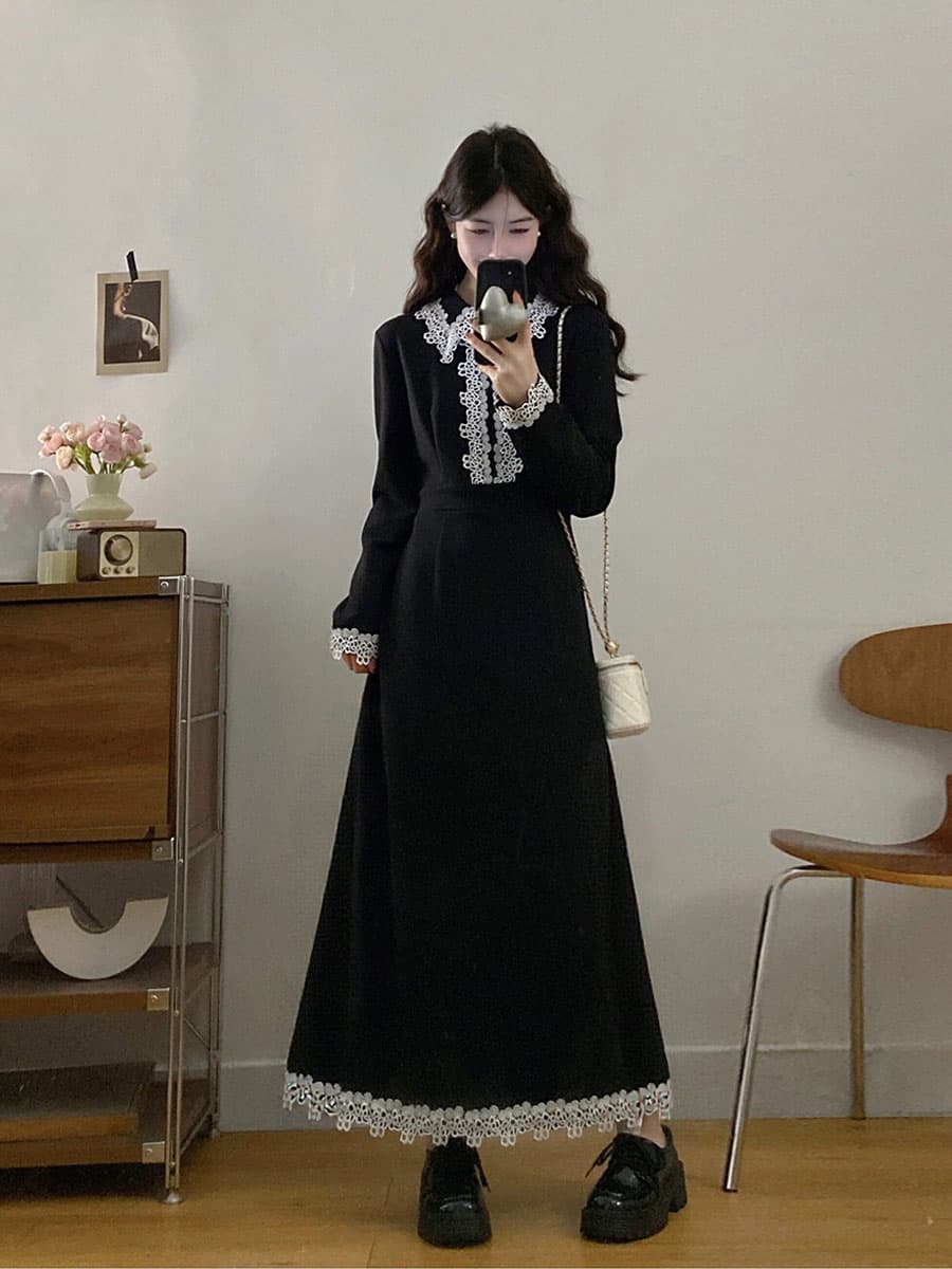 실사 m-4xl 2026 봄 레이스 조각 고급 센스 허리 수축 드레스 무거운 작업 품격 작은 검은 드레스 이미지 5