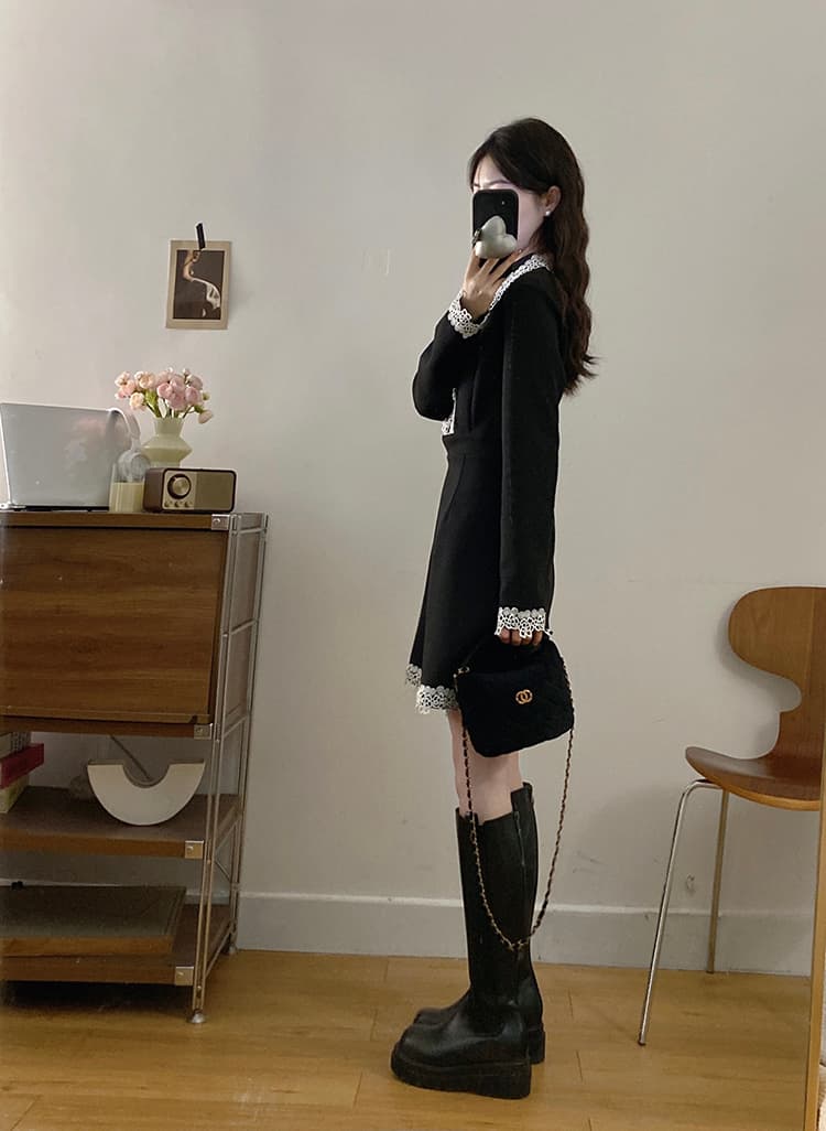 실사 m-4xl 2026 봄 레이스 조각 고급 센스 허리 수축 드레스 무거운 작업 품격 작은 검은 드레스 상세 이미지 17