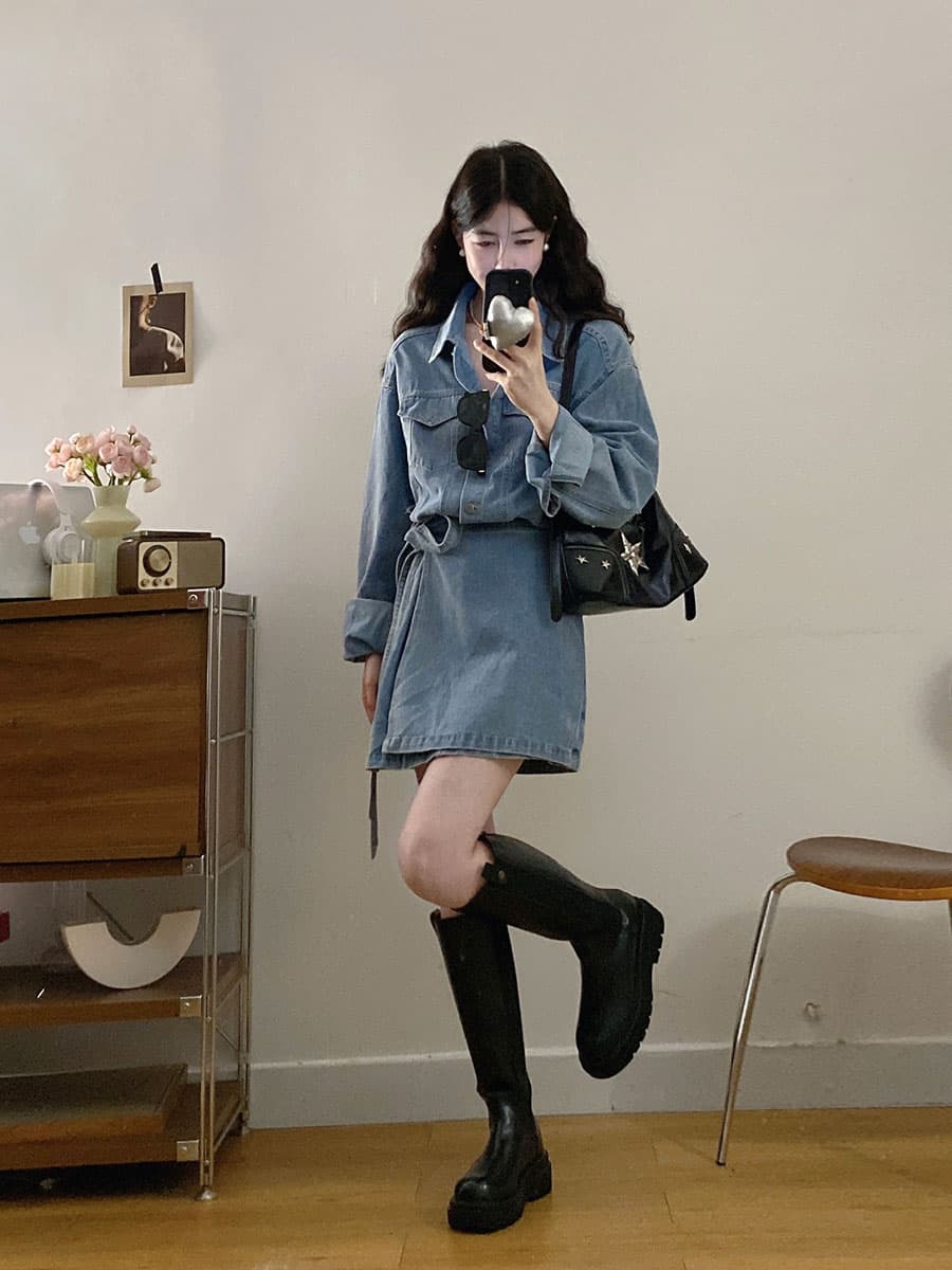 실사 s4xl 와 성별 자유 주의자 레트로 항구 바람 폴로 칼라 워싱 데님 드레스 품격 허리 수축 이미지 2