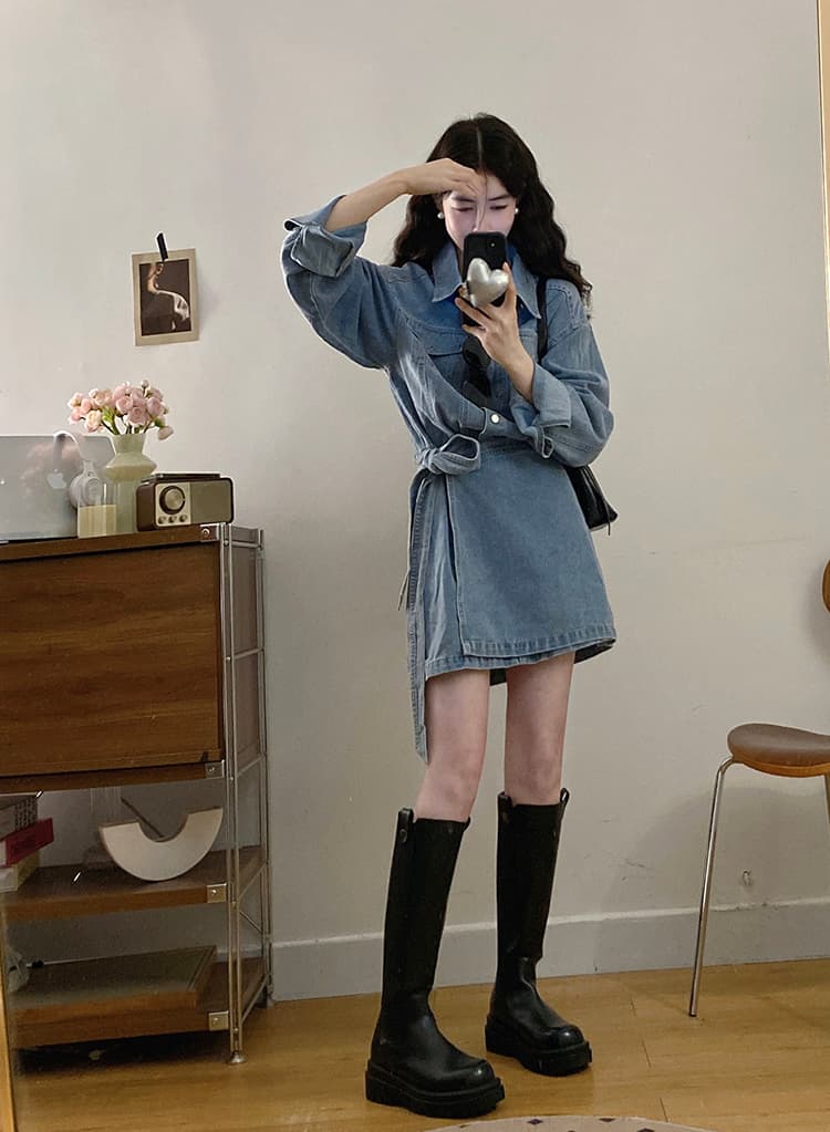 실사 s4xl 와 성별 자유 주의자 레트로 항구 바람 폴로 칼라 워싱 데님 드레스 품격 허리 수축 상세 이미지 11