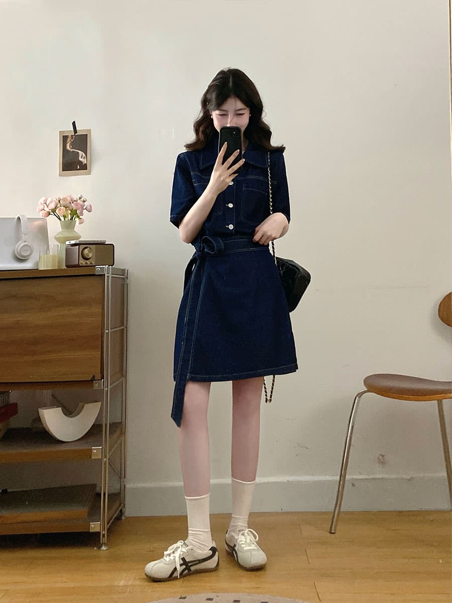실사 s-4xl 와 성별 자유 주의자 레트로 항구 바람 폴로 칼라 워싱 반팔 데님 드레스 품격 허리 수축 이미지 3