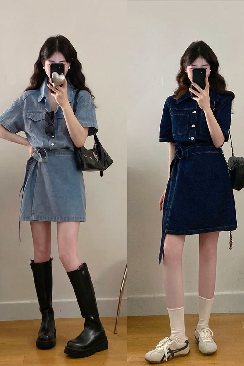 실사 s-4xl 와 성별 자유 주의자 레트로 항구 바람 폴로 칼라 워싱 반팔 데님 드레스 품격 허리 수축 이미지 5