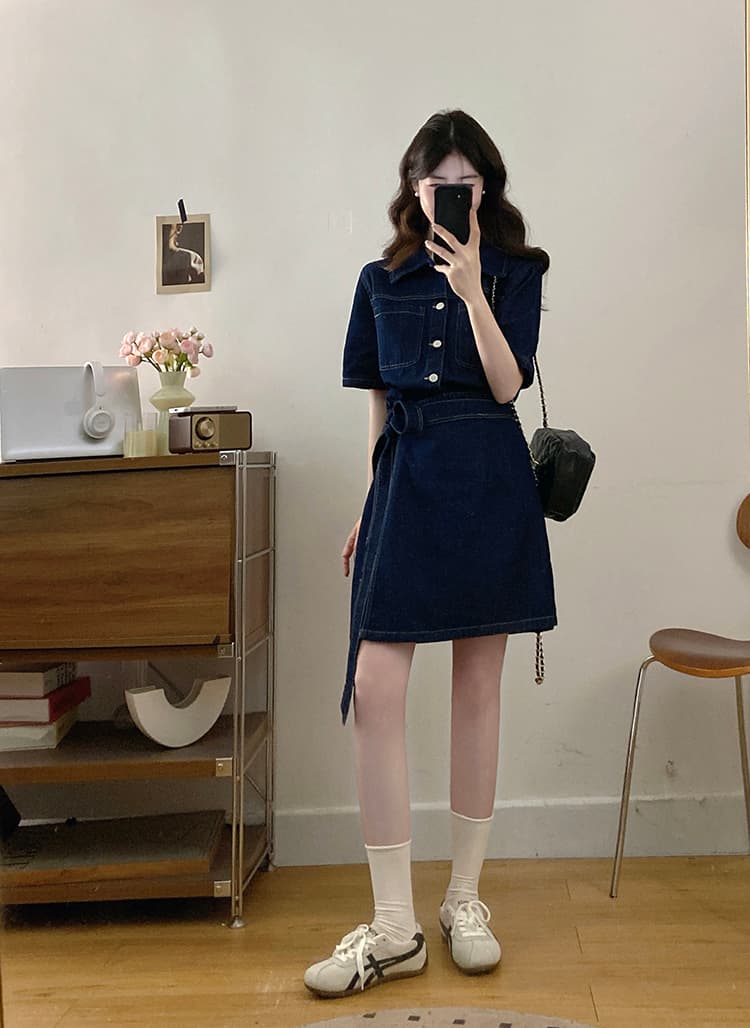실사 s-4xl 와 성별 자유 주의자 레트로 항구 바람 폴로 칼라 워싱 반팔 데님 드레스 품격 허리 수축 상세 이미지 6