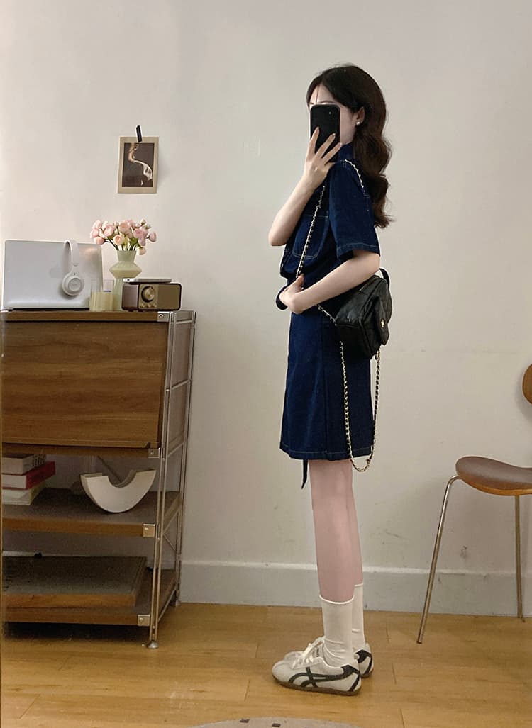 실사 s-4xl 와 성별 자유 주의자 레트로 항구 바람 폴로 칼라 워싱 반팔 데님 드레스 품격 허리 수축 상세 이미지 12