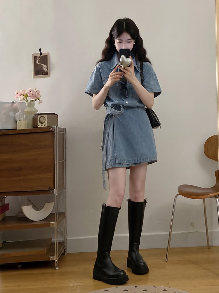 실사 s-4xl 와 성별 자유 주의자 레트로 항구 바람 폴로 칼라 워싱 반팔 데님 드레스 품격 허리 수축 상세 이미지 14