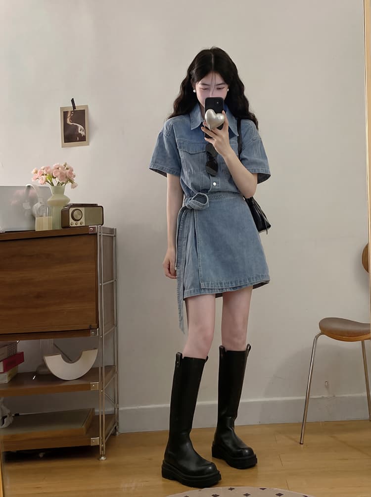 실사 s-4xl 와 성별 자유 주의자 레트로 항구 바람 폴로 칼라 워싱 반팔 데님 드레스 품격 허리 수축 상세 이미지 15