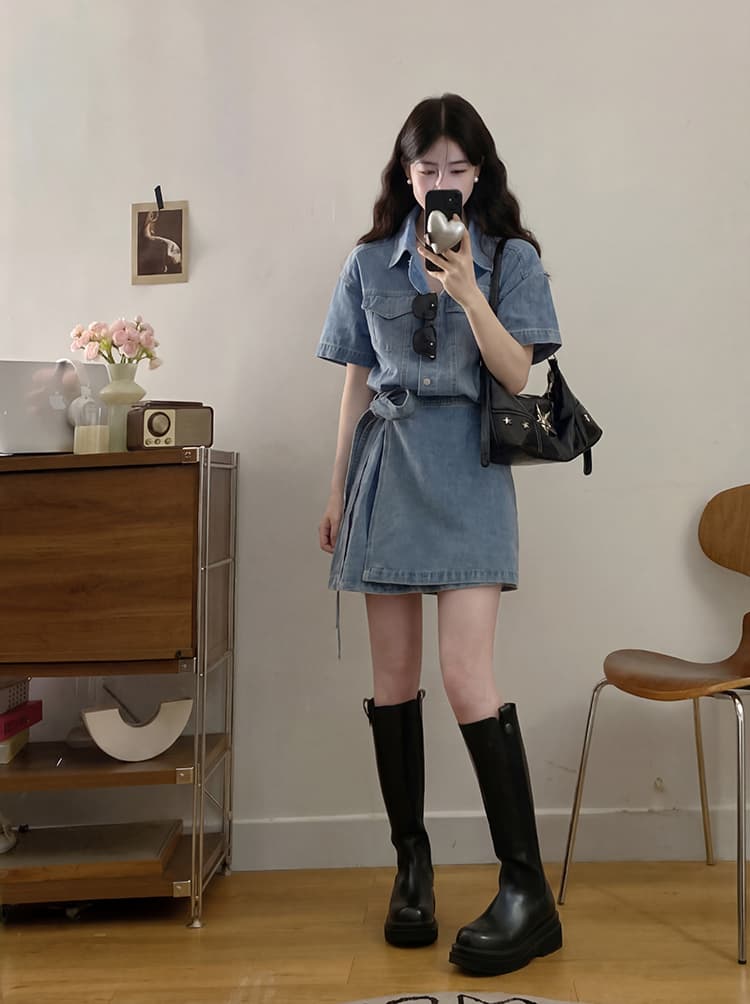 실사 s-4xl 와 성별 자유 주의자 레트로 항구 바람 폴로 칼라 워싱 반팔 데님 드레스 품격 허리 수축 상세 이미지 25
