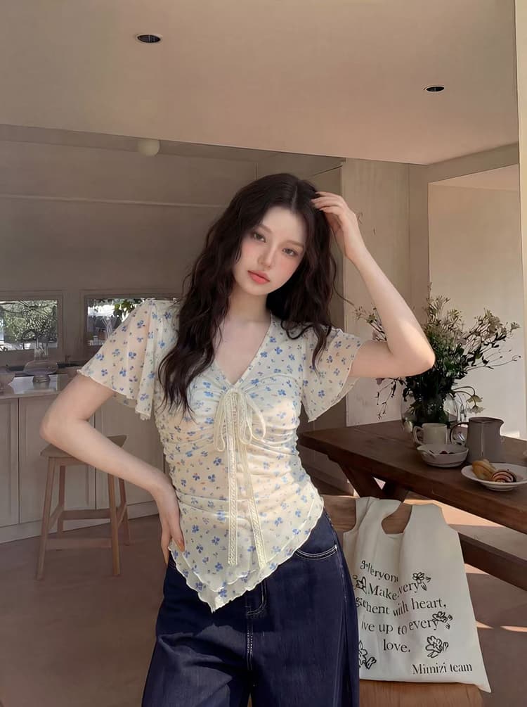 실사 정가 s-4xl 달콤한 매운맛 바람 꽃무늬 레이스 레이스업 반팔 티셔츠 디자인 센스 불규칙 밑단 슬림해 보이는 상세 이미지 3