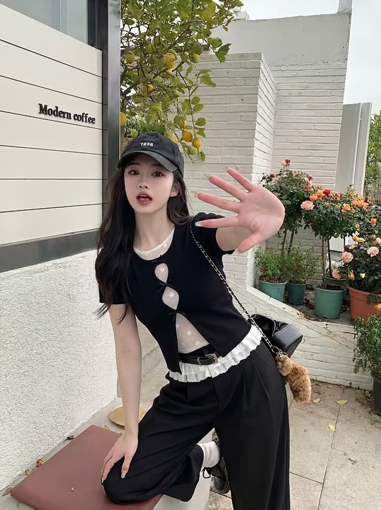 실사 정가 s-4xl 빅 사이즈 지방 mm 한 부서 슬림해 보이는 다크 바람 페이크 레이어드 반팔 홀로우 아웃 망사 맨위 여성 이미지 2
