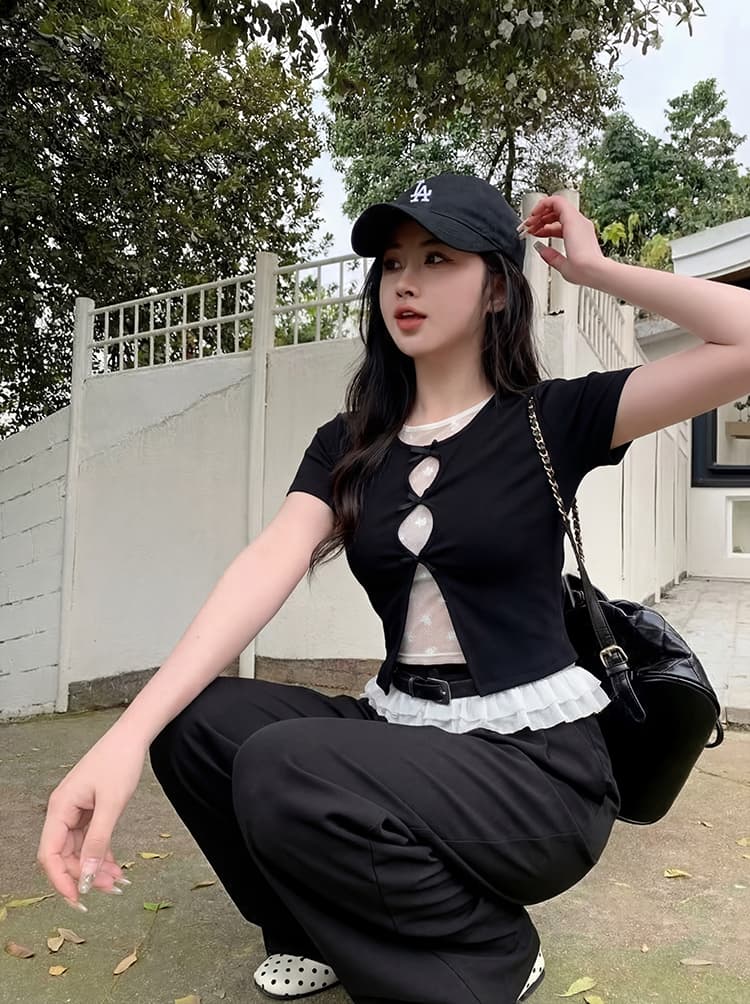 실사 정가 s-4xl 빅 사이즈 지방 mm 한 부서 슬림해 보이는 다크 바람 페이크 레이어드 반팔 홀로우 아웃 망사 맨위 여성 상세 이미지 4