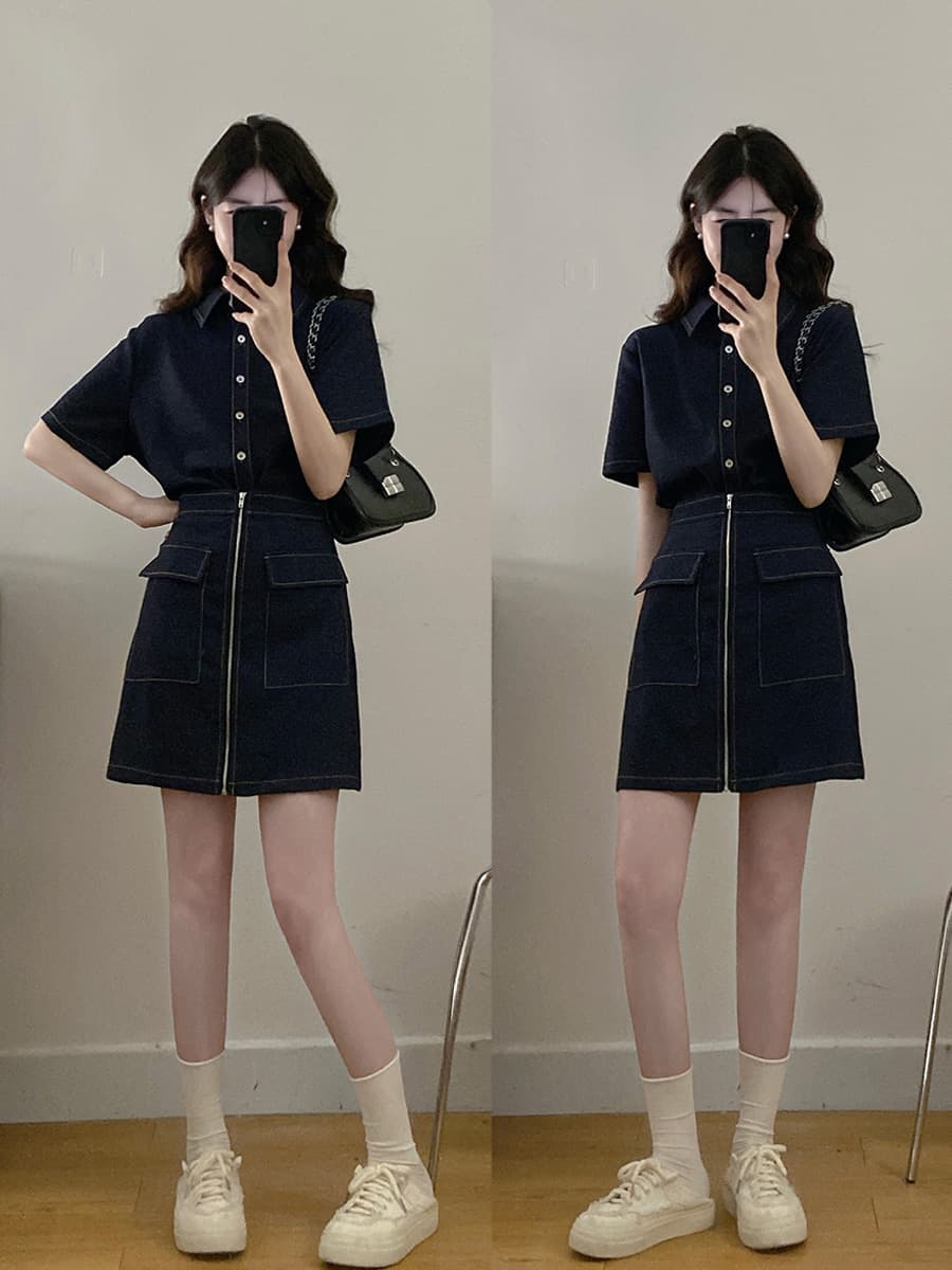 실사 s-4xl 여름 지방 mm 새로운 디자인 센스 페이크 레이어드 차가운 센스 모방 데님 드레스 품격 미니 스커트