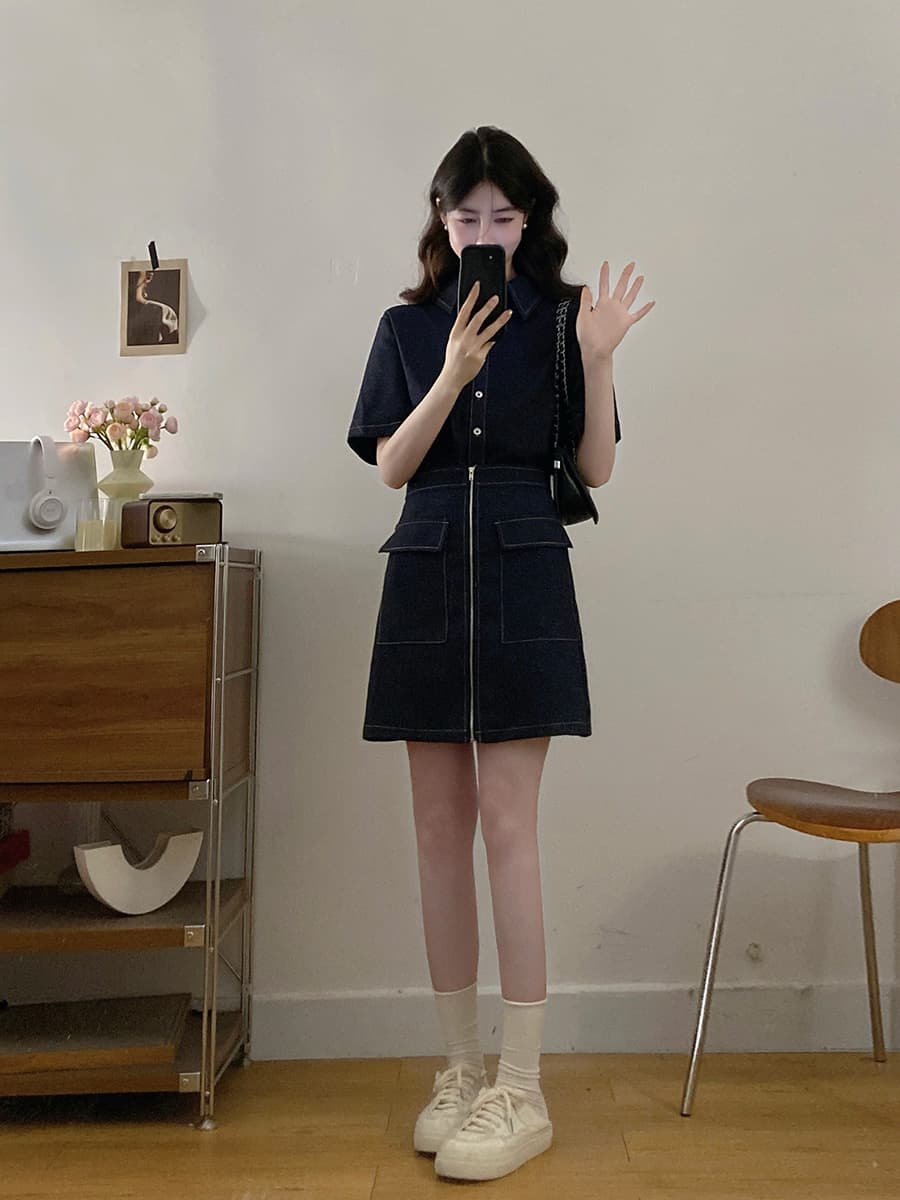 실사 s-4xl 여름 지방 mm 새로운 디자인 센스 페이크 레이어드 차가운 센스 모방 데님 드레스 품격 미니 스커트 이미지 2