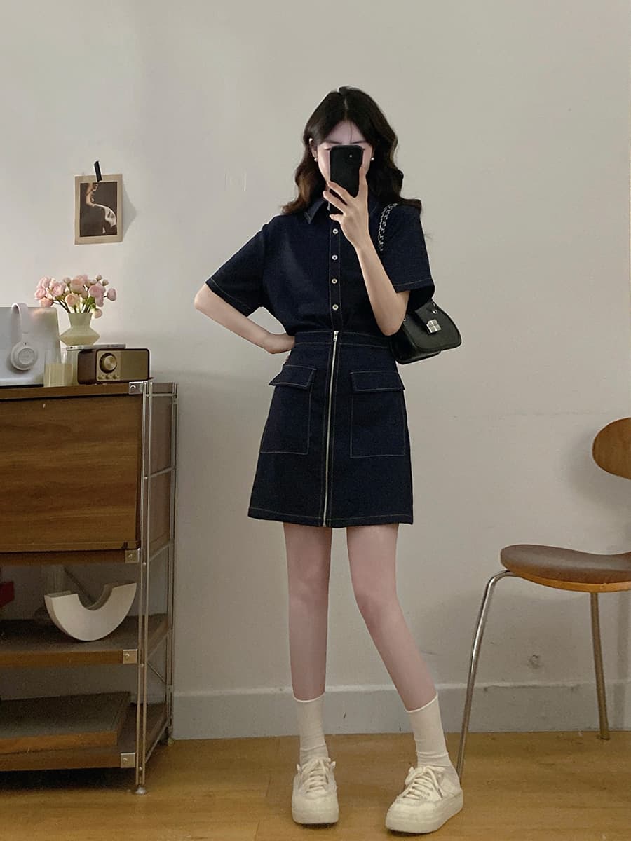 실사 s-4xl 여름 지방 mm 새로운 디자인 센스 페이크 레이어드 차가운 센스 모방 데님 드레스 품격 미니 스커트 이미지 3