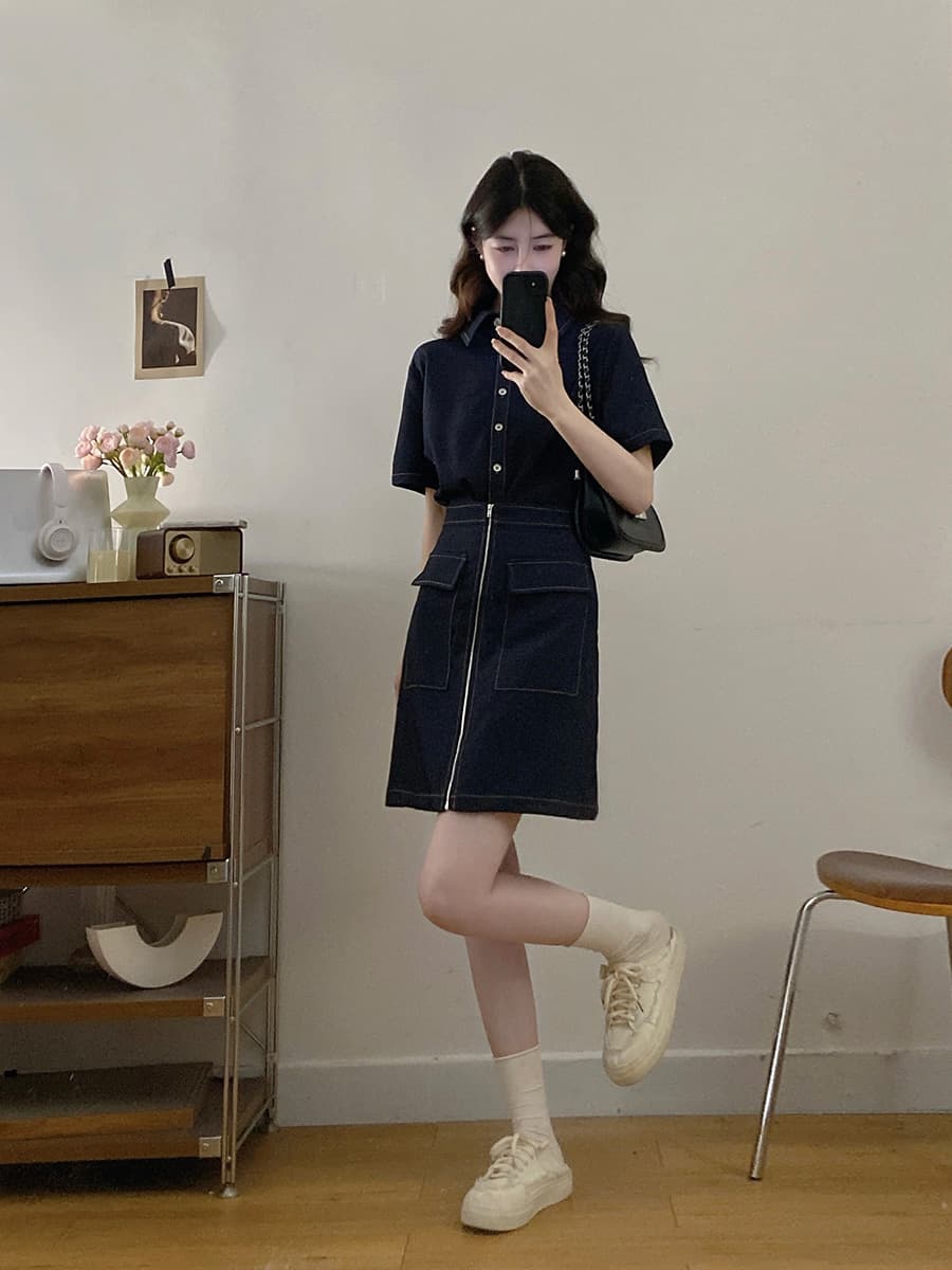 실사 s-4xl 여름 지방 mm 새로운 디자인 센스 페이크 레이어드 차가운 센스 모방 데님 드레스 품격 미니 스커트 이미지 4