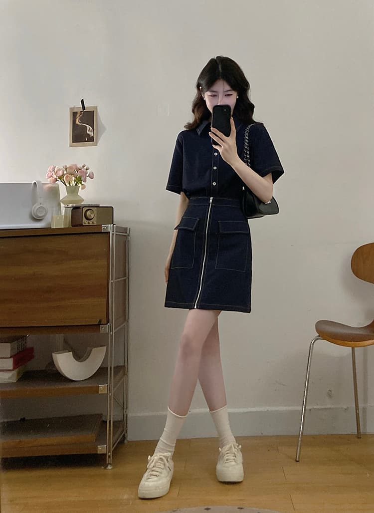 실사 s-4xl 여름 지방 mm 새로운 디자인 센스 페이크 레이어드 차가운 센스 모방 데님 드레스 품격 미니 스커트 상세 이미지 1