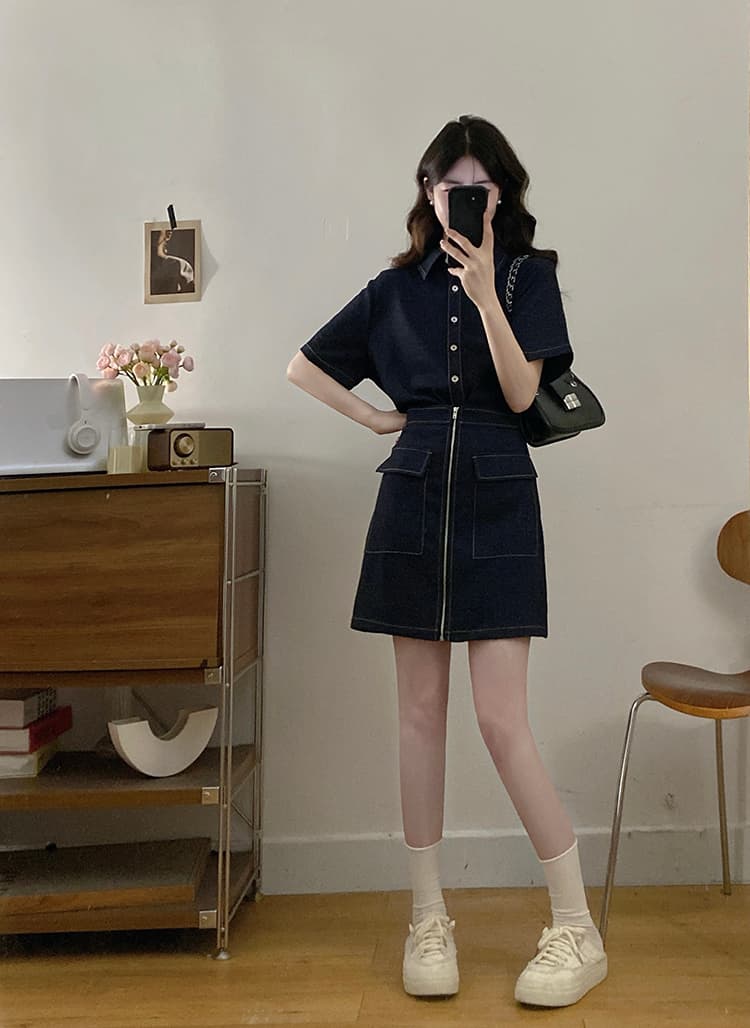 실사 s-4xl 여름 지방 mm 새로운 디자인 센스 페이크 레이어드 차가운 센스 모방 데님 드레스 품격 미니 스커트 상세 이미지 2