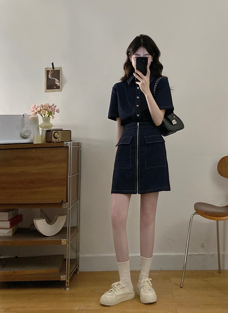 실사 s-4xl 여름 지방 mm 새로운 디자인 센스 페이크 레이어드 차가운 센스 모방 데님 드레스 품격 미니 스커트 상세 이미지 3