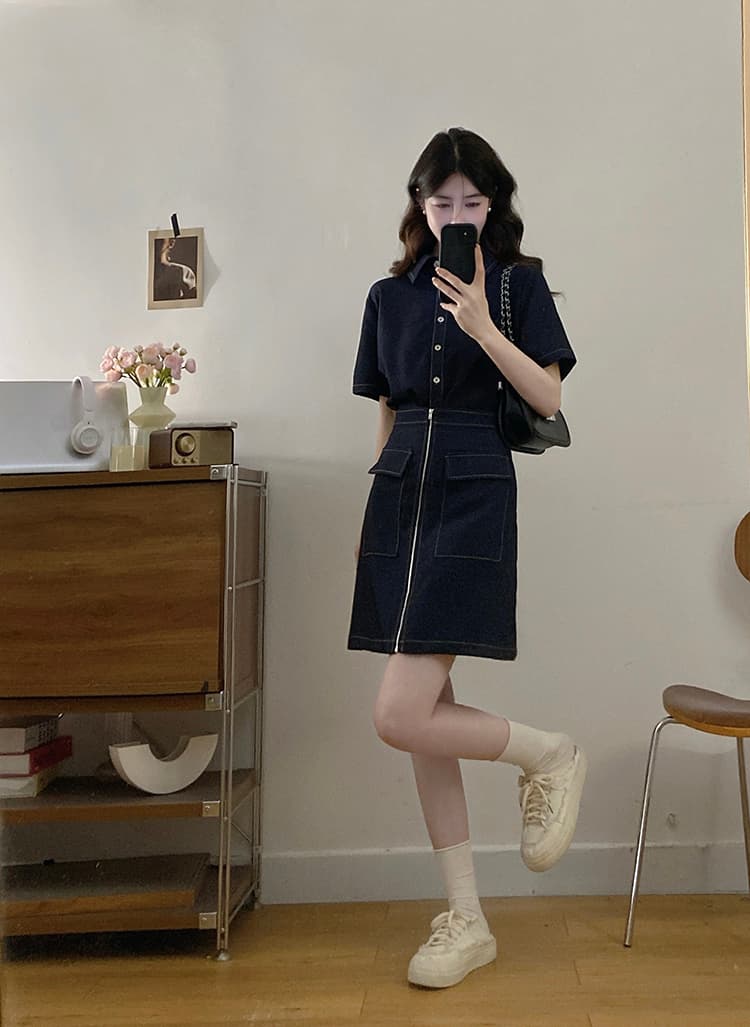 실사 s-4xl 여름 지방 mm 새로운 디자인 센스 페이크 레이어드 차가운 센스 모방 데님 드레스 품격 미니 스커트 상세 이미지 4