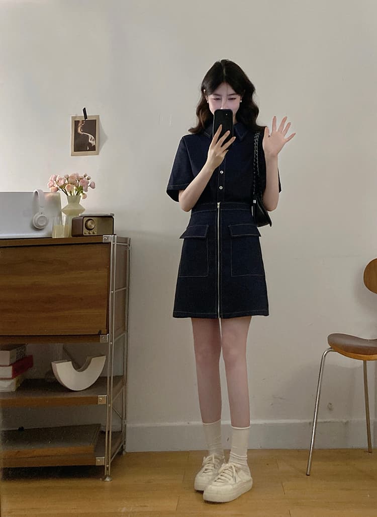 실사 s-4xl 여름 지방 mm 새로운 디자인 센스 페이크 레이어드 차가운 센스 모방 데님 드레스 품격 미니 스커트 상세 이미지 5