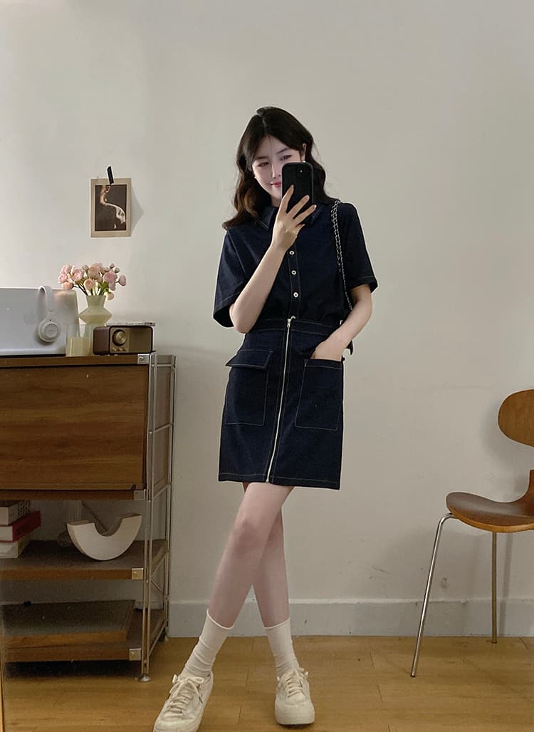 실사 s-4xl 여름 지방 mm 새로운 디자인 센스 페이크 레이어드 차가운 센스 모방 데님 드레스 품격 미니 스커트 상세 이미지 6